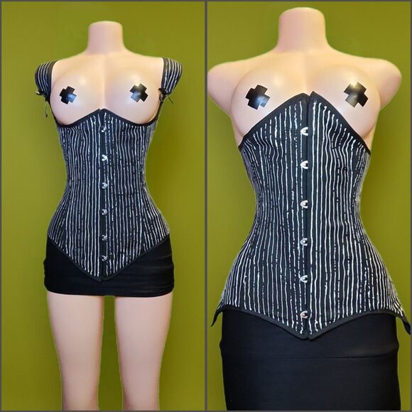 Handpainted Skellington Pinstripe Corset Upcycled Y2K Underbust 32